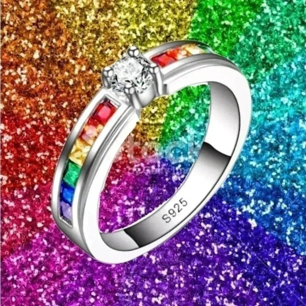New 925 Sterling Silver Ring Colorful Tension Setting Ring Sizes: 6, 7, 8 NWT